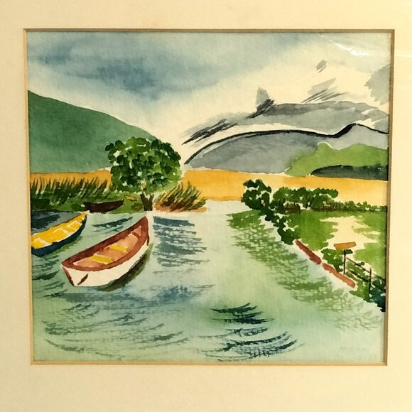 Lakeside Watercolor Primitive Artwork Unframed 13 x 13 - Picture 1 of 5